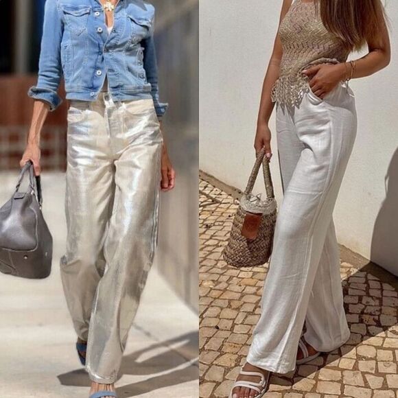 🆕️ Zara Boy Boy Metallic High Rise Relaxed Fit Jeans in Silver - Picture 2 of 15